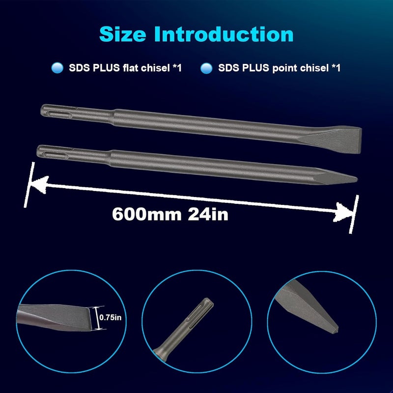Phyxlyn 24-Inch SDS Plus Set, 3/4 Inch Flat Chisel and Point Chisel, Ideal for Concrete Demolition, Tile Removal Tool for SDS Plus Hammer Drill Attachment - Image 3